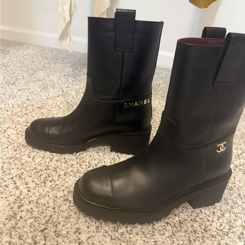 CHANEL Black Leather Combat Boots - Picture 2 of 4